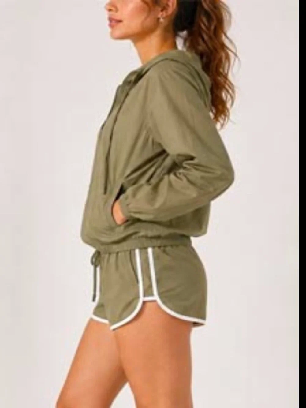 Women’s Olive 2-Piece Windbreaker Set | Hooded Zip Jacket & Dolphin Shorts